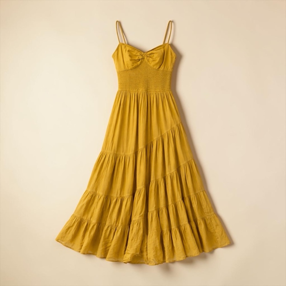 Free People Sundrenched Solid Maxi Dress Mustard Smocked Boho Tiered S - Picture 2 of 13